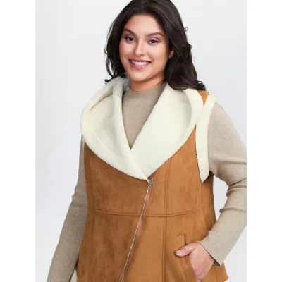 Bloomchic Women's Plus Size Suede Fluffy Zipper Hooded Vest Yellowishbrown Colorblock 10/m
