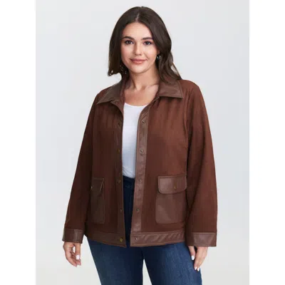 Bloomchic Women's Plus Size Suede Leather Detail Button-down Jacket Browncoffeecolor H-line 10/m
