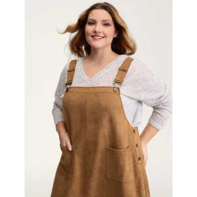 Bloomchic Women's Plus Size Suede Overall Adjustable Straps Midi Dress Yellowishbrown Non Knee Casual Button 1