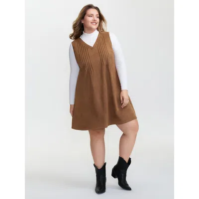 Bloomchic Women's Plus Size Suede Striped Toothpick Pleats Mini Dress Yellowishbrown Non Short Casual Tucked S