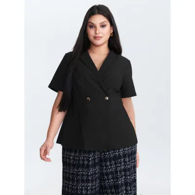 Bloomchic Women's Plus Size Suit Collar Button Detail Plain Blouse Black Solid Office Short Sleeve Collared Ne