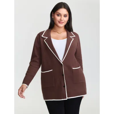 Bloomchic Women's Plus Size Suit Collar Color Contrast Pockets Knit Cardigan Browncoffeecolor Long Sleeve 10/m
