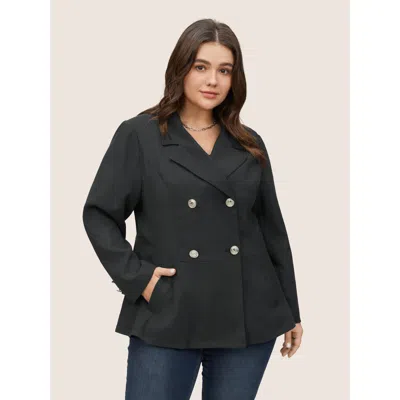 Bloomchic Women's Plus Size Suit Collar Double Breasted Metal Detail Blazer Midnight Plain Non Sleeve Long Sle In Blue