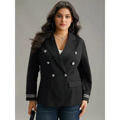 Bloomchic Women's Plus Size Suit Collar Metal Detail Patchwork Blazer Black Plain Patchwork Sleeve Long Sleeve