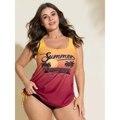 Bloomchic Women's Plus Size Summer Vibes Ombre Gradient Swim Top Orangered Ombre Sleeveless Non Adjustable Str