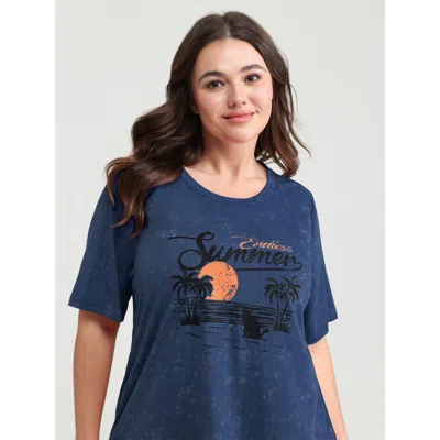Bloomchic Women's Plus Size Summer-ready Print Snowflake Effect T-shirt Mediumblue Non Casual Short Sleeve 10/