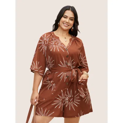 Bloomchic Women's Plus Size Sun Print Gathered Button Up Jumpsuit Maroon Vacation 14-16/1x In Burgundy