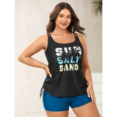 Bloomchic Women's Plus Size Sun Salt Sand Print Swim Top Black Graphic Sleeveless Lace-up Bust Support 30/6x