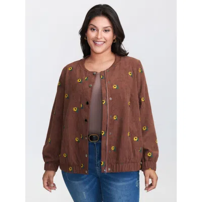 Bloomchic Women's Plus Size Sunflower Textured Embroidery Button Jacket Browncoffeecolor Texture O-line 12/l