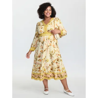 Women's Plus Size Sunkissed Floral Color Contrast Midi Dress Mustardyellow Tropical Midi Elegant Smo from BLOOMCHIC