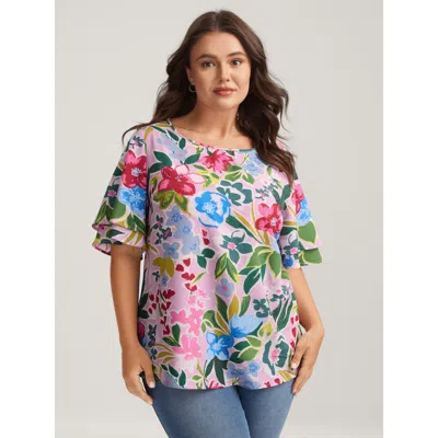Bloomchic Women's Plus Size Sunkissed Floral Lotus Leaf Sleeve Blouse Multicolor Floral Casual Short Sleeve Ro