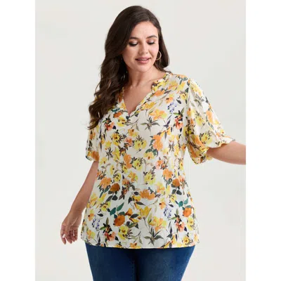 Bloomchic Women's Plus Size Sunkissed Floral Print Bubble Sleeve Blouse Ivory Ditsy Floral Elegant Half Sleeve In White