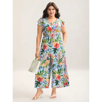 Bloomchic Women's Plus Size Sunkissed Floral Print Button Wide-leg Jumpsuit Lightblue Vacation 30/6x In Blue