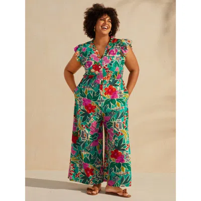 Bloomchic Women's Plus Size Sunkissed Floral Print Button Wide-leg Jumpsuit Malachitegreen Vacation 12/l
