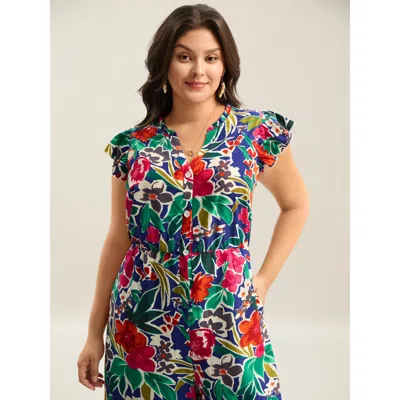 Bloomchic Women's Plus Size Sunkissed Floral Print Button Wide-leg Jumpsuit Navy Vacation 28/5x In Blue