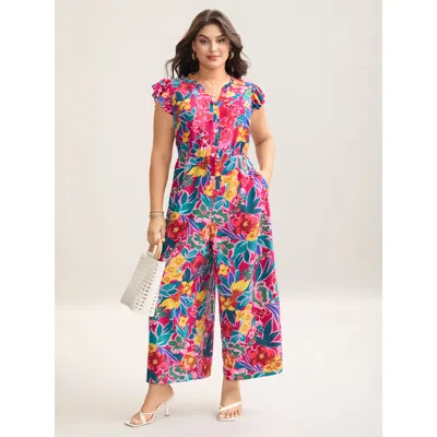 Bloomchic Women's Plus Size Sunkissed Floral Print Button Wide-leg Jumpsuit Redviolet Vacation 30/6x