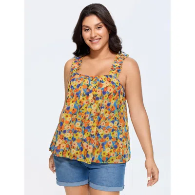 Bloomchic Women's Plus Size Sunkissed Floral Print Flowy Tank Top Cerulean Casual A-line Square Neck 10/m In Blue