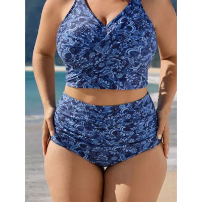 Bloomchic Women's Plus Size Sunkissed Floral Print High Waisted Bikini Bottoms Aegean Bohemian Print Short Gat In Blue