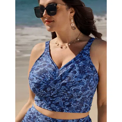 Bloomchic Women's Plus Size Sunkissed Floral Print Ruched Bikini Top Aegean Bohemian Print Sleeveless Adaptive In Blue