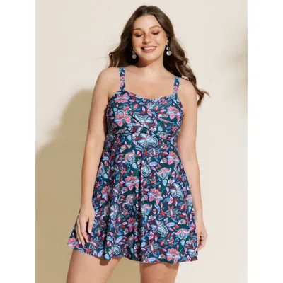 Bloomchic Women's Plus Size Sunkissed Floral Print Swim Dress Darkslategray Paisley Non Adjustable Straps 10/m