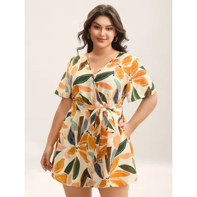 Bloomchic Women's Plus Size Sunkissed Florals Belted Pockets Romper Lightorange Not Graphics Vacation No Stret