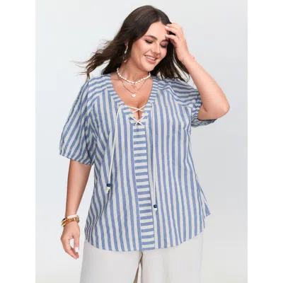 Bloomchic Women's Plus Size Sun-washed Cotton Striped Print Neck Tie Blouse Azure Stripes Vacation Half Sleeve In Blue