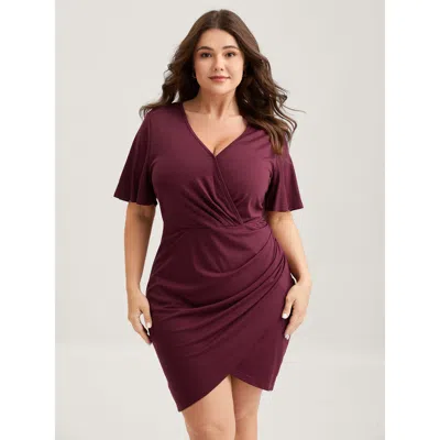 Bloomchic Women's Plus Size Super Stretchy Bodycon Pleated Midi Dress Burgundy Non Tunic Elegant Overlapping 2