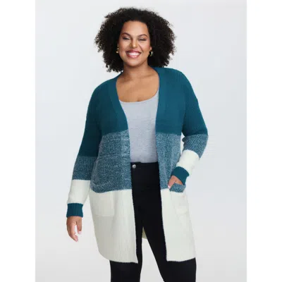 Bloomchic Women's Plus Size Super Stretchy Colorblock Fuzzy Textured Knit Cardigan Aegean Long Sleeve 12/l In Blue