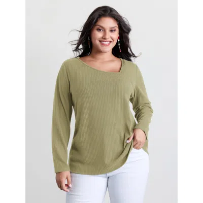 Bloomchic Women's Plus Size Super Stretchy Ribbed Asymmetrical Neck T-shirt Sage Non Elegant Long Sleeve 14-16 In Green