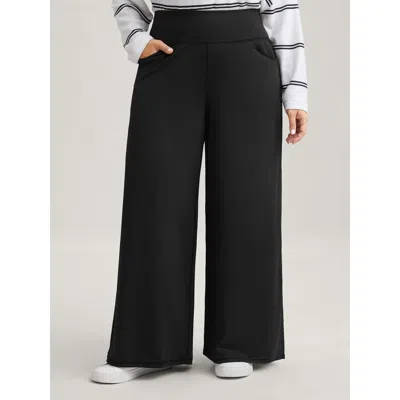 Bloomchic Women's Plus Size Super Stretchy Wide-leg Casual Pocket Pants Black Solid Straight Fit Mid Rise Casu