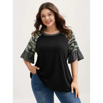 Bloomchic Women's Plus Size Supersof Camouflage Sleeve Contrast T-shirt Black Camouflage Casual Half Sleeve 10