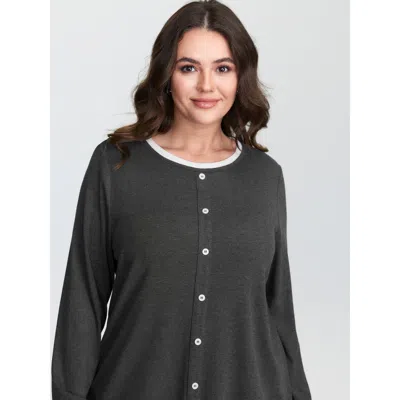 Bloomchic Women's Plus Size Supersoft 2-in-1 Color Contrast T-shirt Dimgray Solid Casual Long Sleeve Round Nec