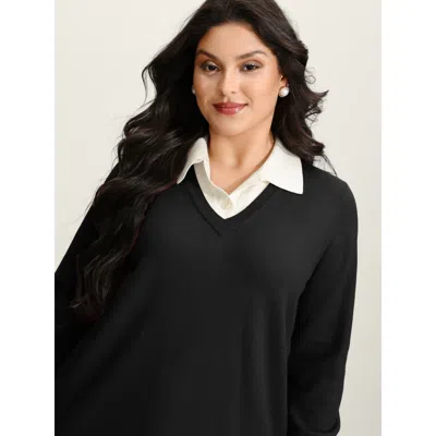 Bloomchic Women's Plus Size Supersoft 2-in-1 Polo Collar Color Contrast Pullover Black Not Graphics Long Sleev