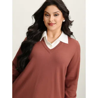 Bloomchic Women's Plus Size Supersoft 2-in-1 Polo Collar Color Contrast Pullover Rust Not Graphics Long Sleeve In Brown