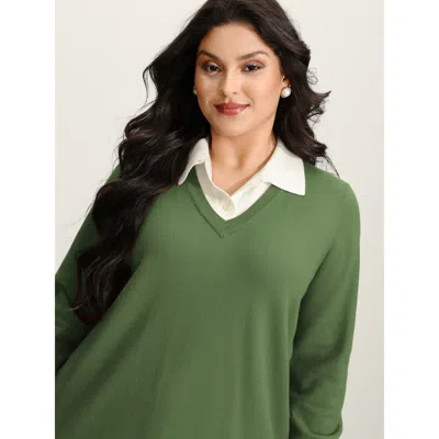 Bloomchic Women's Plus Size Supersoft 2-in-1 Polo Collar Color Contrast Pullover Sage Not Graphics Long Sleeve In Green
