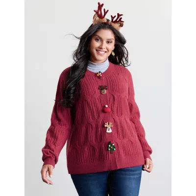 Bloomchic Women's Plus Size Supersoft 3d Button Cozy Holiday Knit Cardigan Deepred Long Sleeve 12/l In Red
