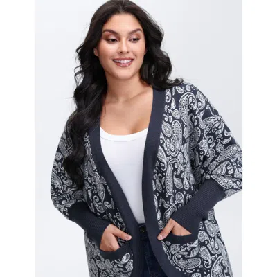 Bloomchic Women's Plus Size Supersoft Arc Hem Paisley Print Pocket Knit Cardigan Midnight Long Sleeve 12/l In Blue