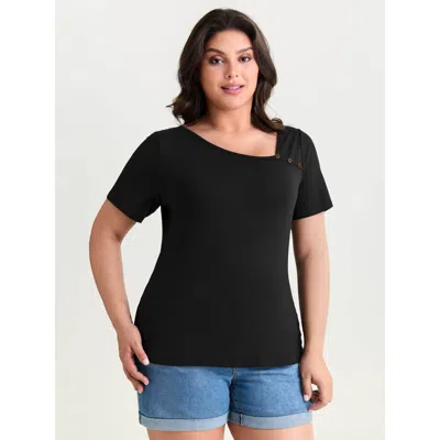 Bloomchic Women's Plus Size Supersoft Asymmetrical Neckline Fitted T-shirt Black Solid Casual Short Sleeve Asy