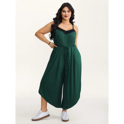 Bloomchic Women's Plus Size Supersoft Backless Crosstie Asymmetrical Hem Lace Jumpsuit Darkgreen Casual 12/l In Green