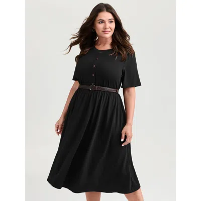 Bloomchic Women's Plus Size Supersoft Belt Detail Button Midi Dress Black Non Midi Casual Gathered 12/l