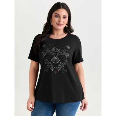 Bloomchic Women's Plus Size Supersoft Bird Print Round Neck Plain T-shirt Black Animal Motif Elegant Short Sle