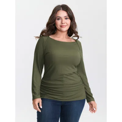 Bloomchic Women's Plus Size Supersoft Boat Neck Stretchy Ribbed Ruched T-shirt Armygreen Non Casual Extra Long