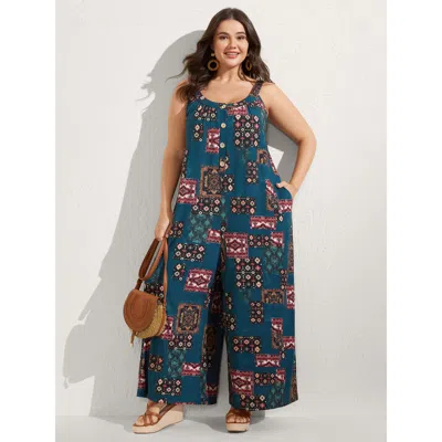 Bloomchic Women's Plus Size Supersoft Boho Collage Placket Pocket Jumpsuit Aegean Vacation 22-24/3x In Blue