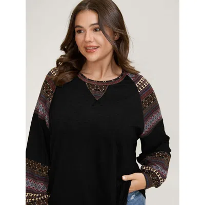 Bloomchic Women's Plus Size Supersoft Boho Stripes Spliced T-shirt Black Geometric Casual Long Sleeve 10/m
