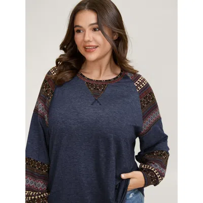 Bloomchic Women's Plus Size Supersoft Boho Stripes Spliced T-shirt Indigo Geometric Casual Long Sleeve 12/l In Purple