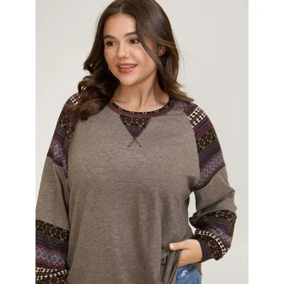 Bloomchic Women's Plus Size Supersoft Boho Stripes Spliced T-shirt Multicolor Geometric Casual Long Sleeve 10/