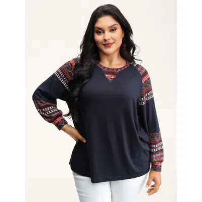 Bloomchic Women's Plus Size Supersoft Boho Stripes Spliced T-shirt Navy Geometric Casual Long Sleeve 14-16/1x In Blue