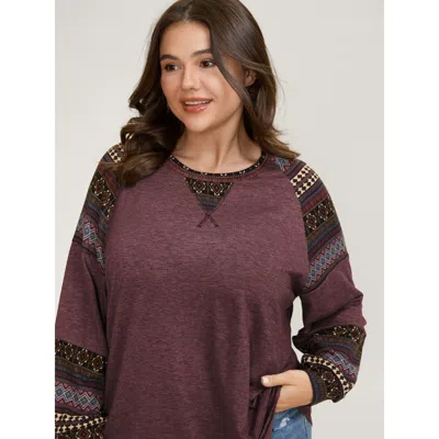 Bloomchic Women's Plus Size Supersoft Boho Stripes Spliced T-shirt Plum Geometric Casual Long Sleeve 10/m In Purple