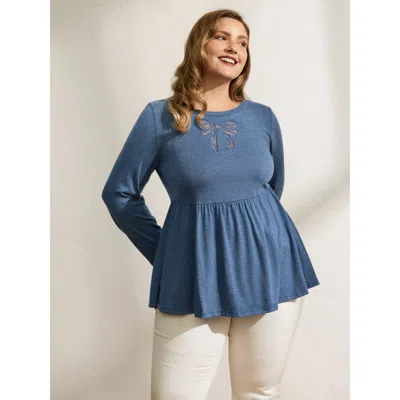 Bloomchic Women's Plus Size Supersoft Bowknot Cut-out Knit Top Mediumblue Long Sleeve Casual 12/l