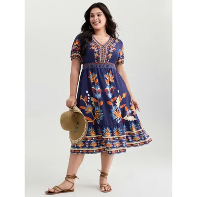Bloomchic Women's Plus Size Supersoft Bright Floral Print Midi Dress Indigo Bohemian Print Midi Vacation Shirr In Purple